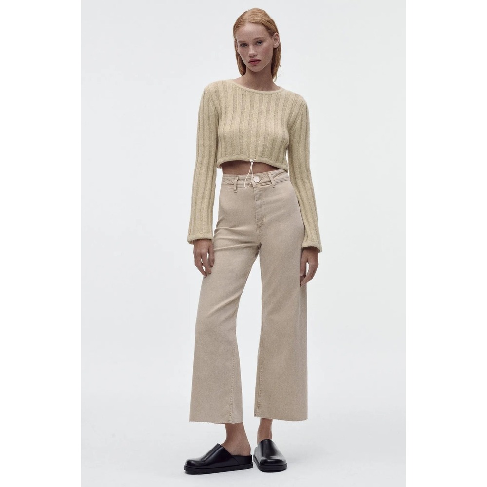Zara The Marine Straight High Rise Wide Leg Jeans Tan Beige Raw Hem Size 8